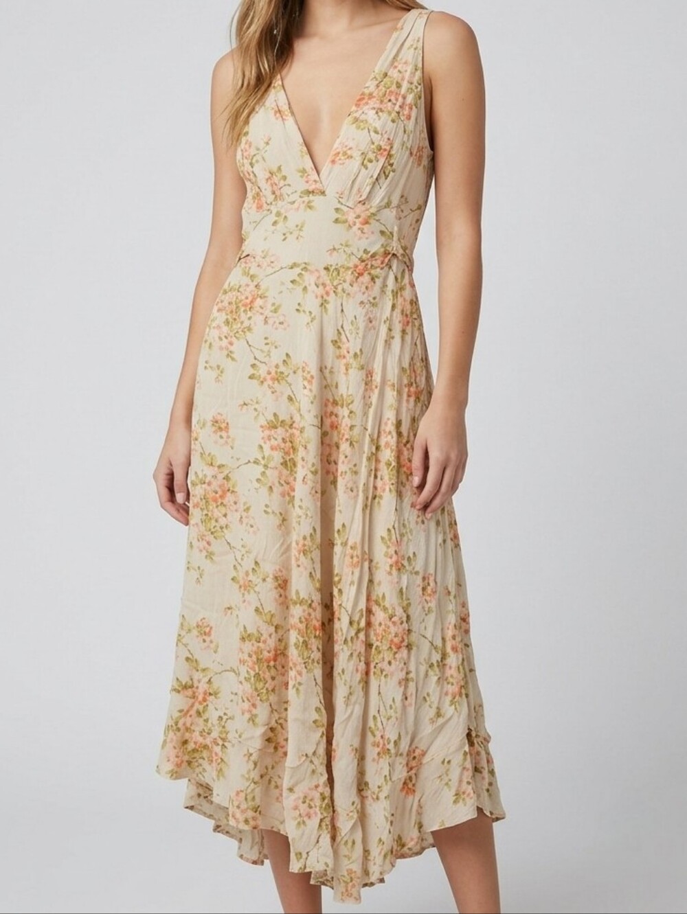 April Cornell Floral Midi Dress Size M Rayon V-Neck Tie Back Peach Green Cream